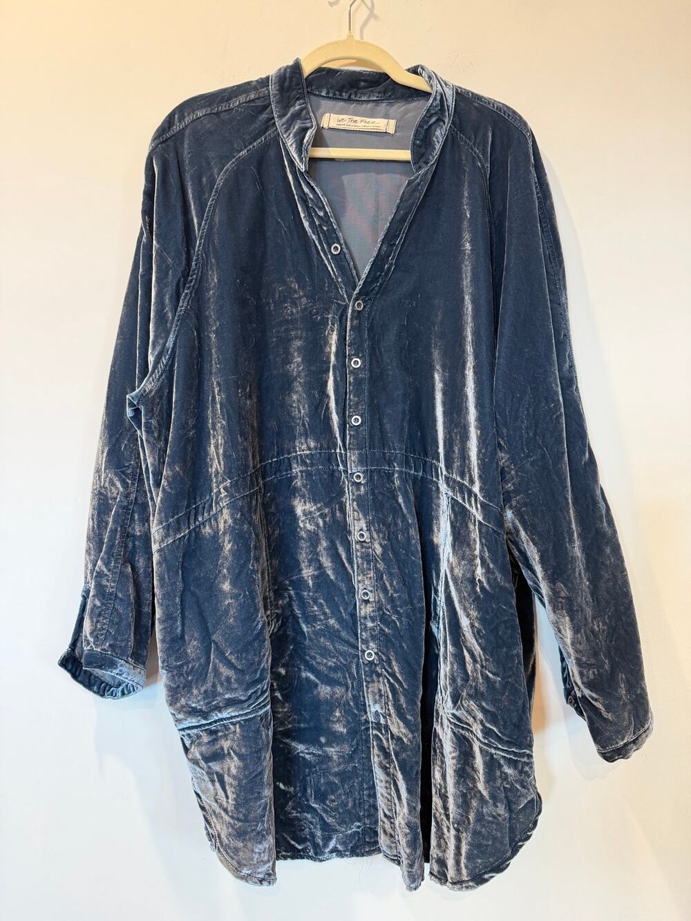 Free People Oversized Blue Velvet Tunic Shirt Dress Medium Whimsygoth Boho